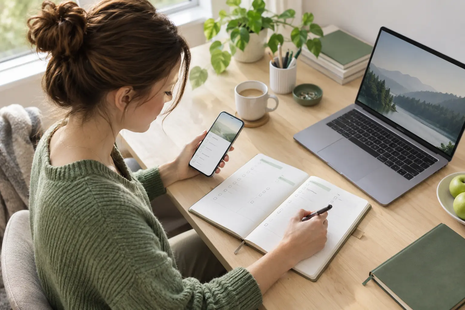 Eine Frau plant die Zusammenarbeit an Laptop und Telefon