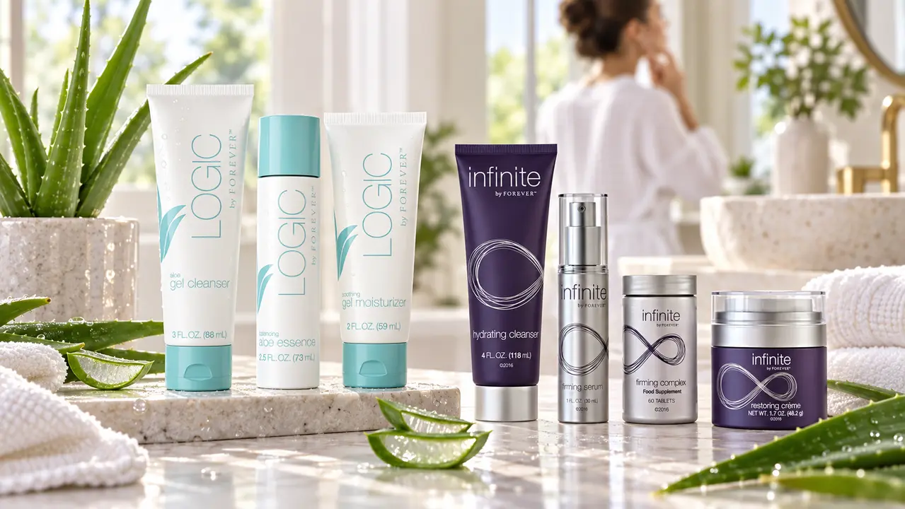Kosmetik von Forever Living in einer schlichten Badezimmerszene