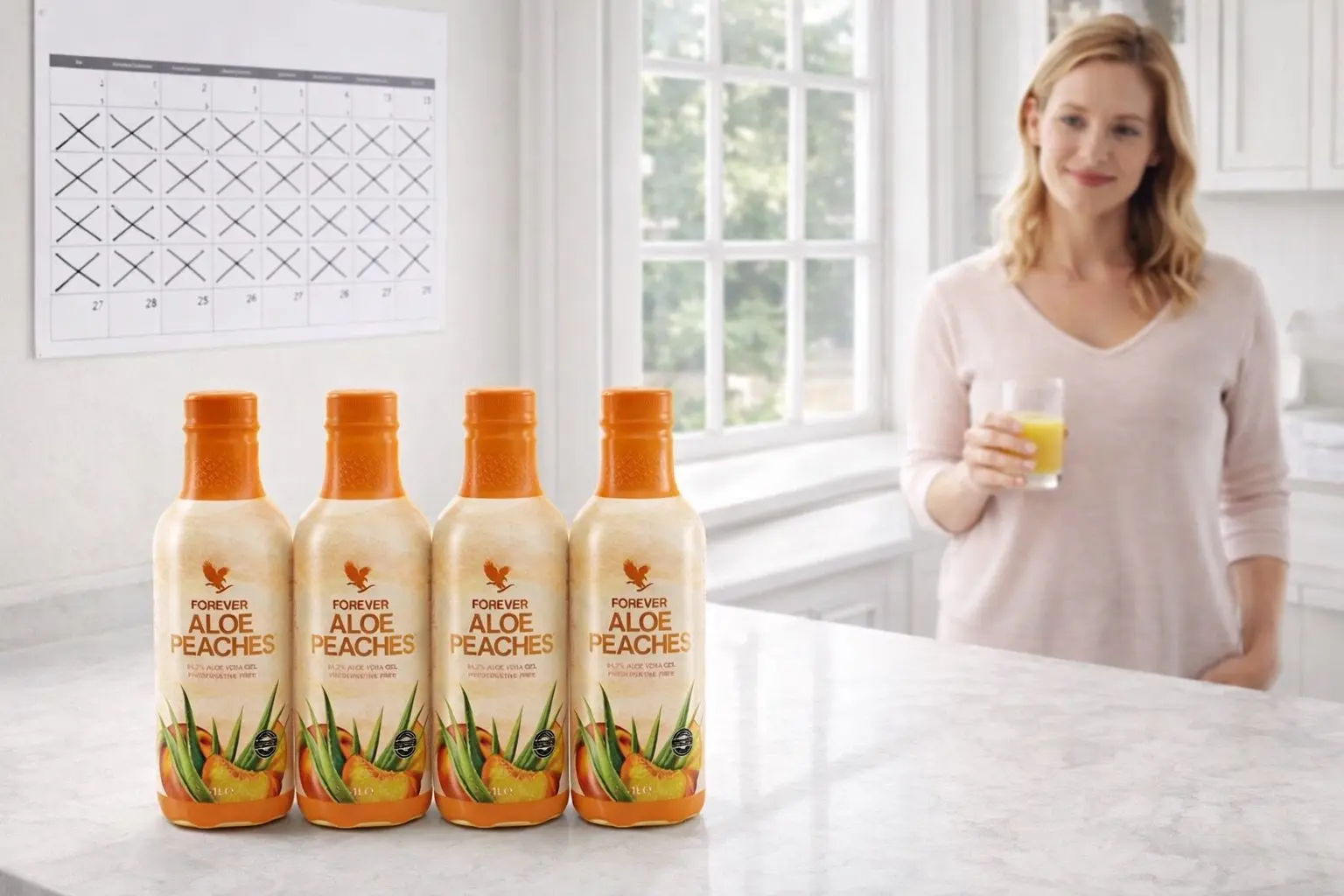 Vier Flaschen Forever Aloe Peaches in der 4-Pack-Packung