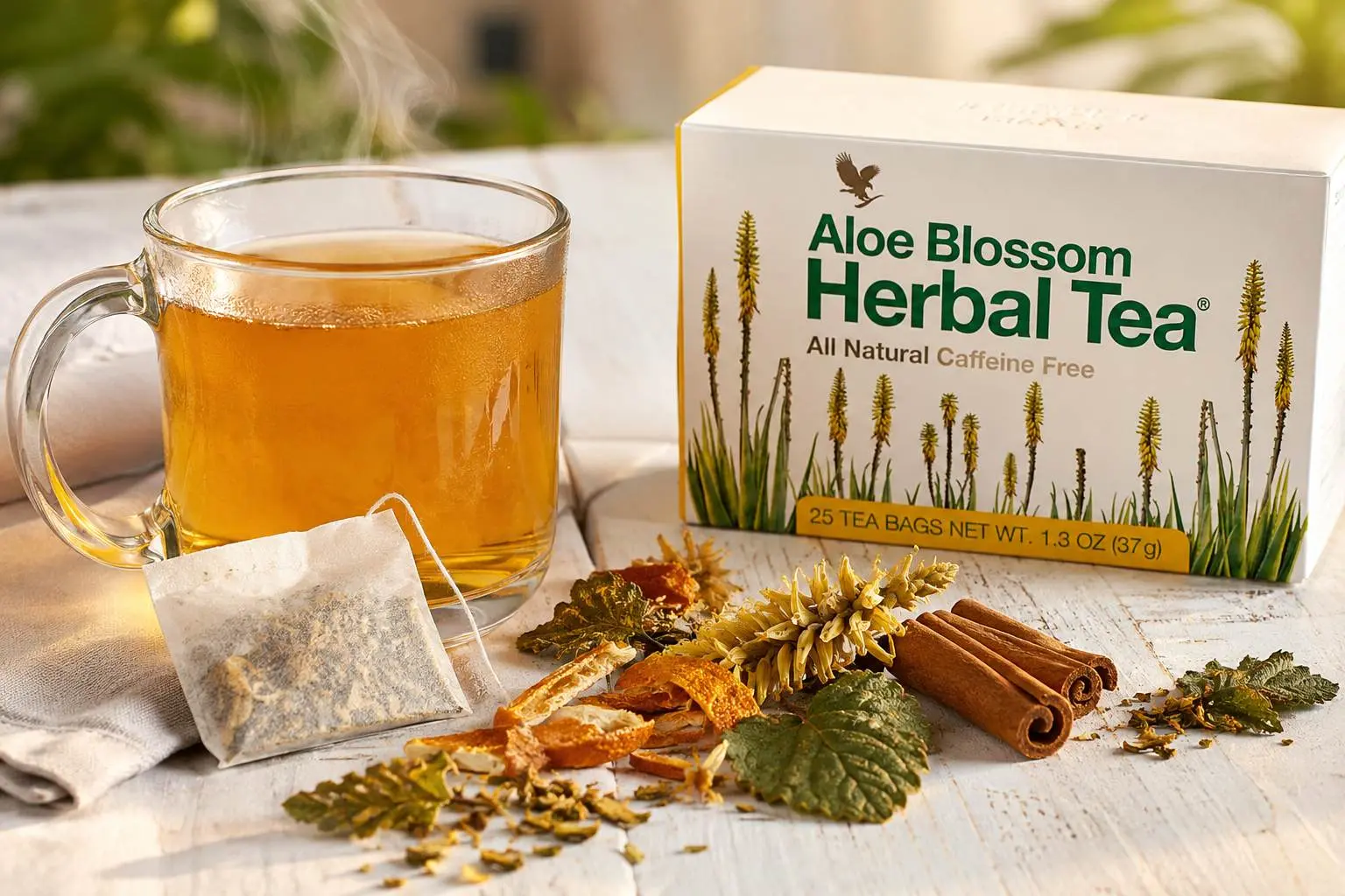 Aloe Blossom Herbal Tea mit einer Tasse Tee, Gewürzen und Kräutern