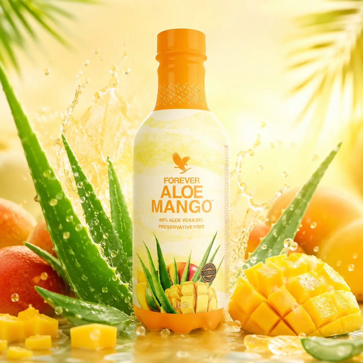 Forever Aloe Mango mit Mango und Aloe-vera-Blättern