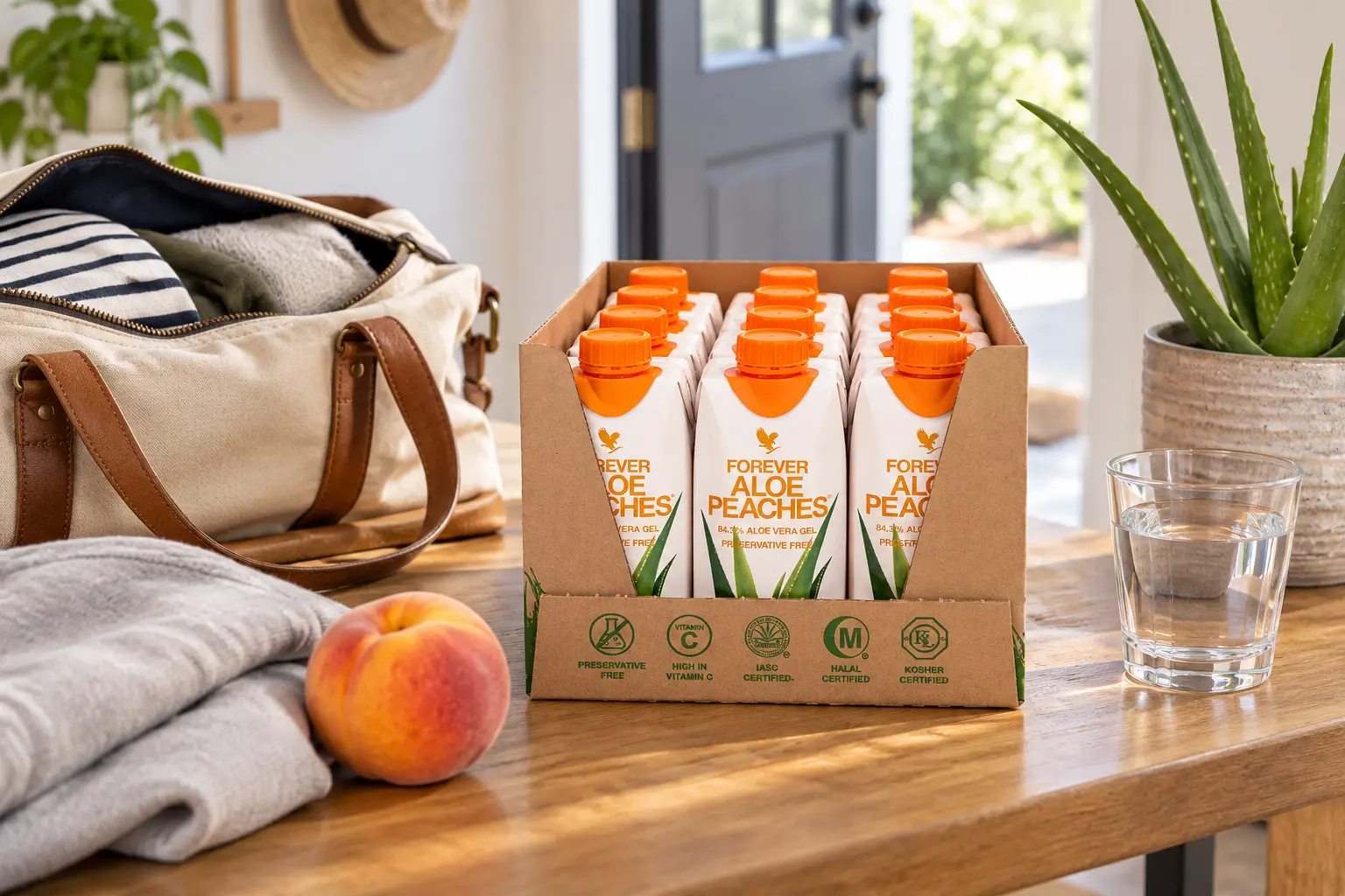 Forever Aloe Peaches 12 × 330 ml in einer Reisetasche