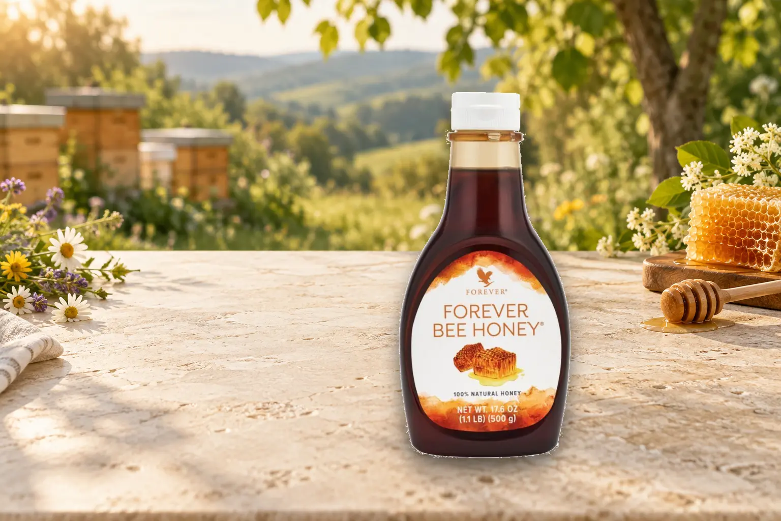 Forever Bee Honey in einer Lifestyle-Szene mit Honig