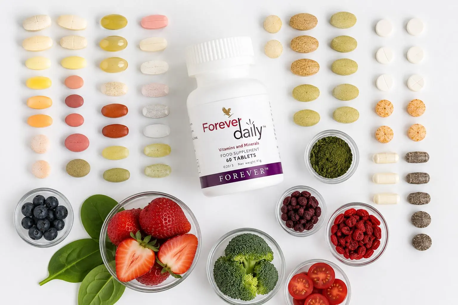 Forever Daily mit abwechslungsreichen Lebensmitteln und Tabletten