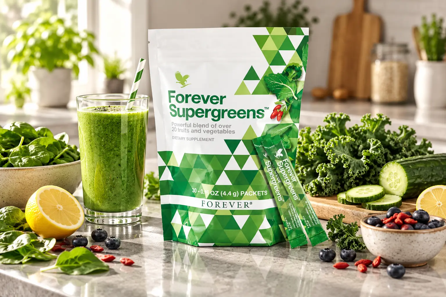 Forever Supergreens in einer natürlichen grünen Küchenszene