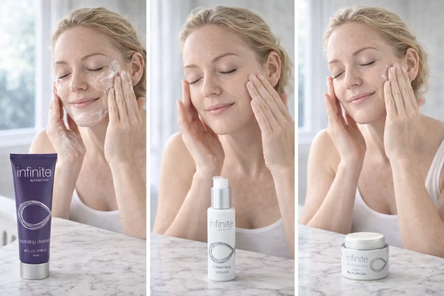 Infinite Hydrating Cleanser in einer Produktaufnahme und einer Alltagsszene