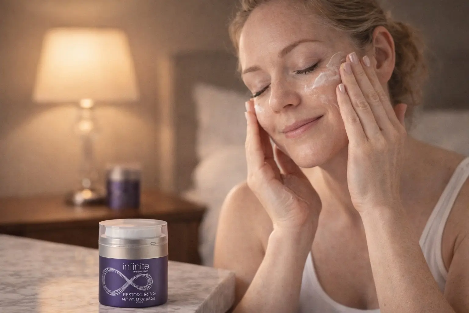 Infinite Restoring Creme in einer Produktaufnahme und einer Alltagsszene
